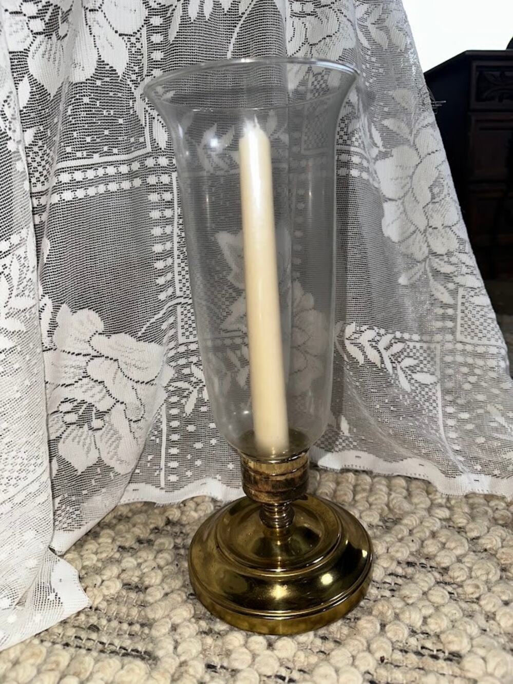 Gold Tone Metal Hurricane Taper Candle Holder Glass Chimney 11.5"